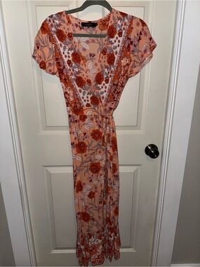4/$20 Rust Floral Wrap Maxi Dress with Tie Waist